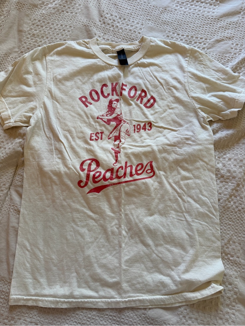 Gildan Cream Tee with Red Rockford Peaches Graphic